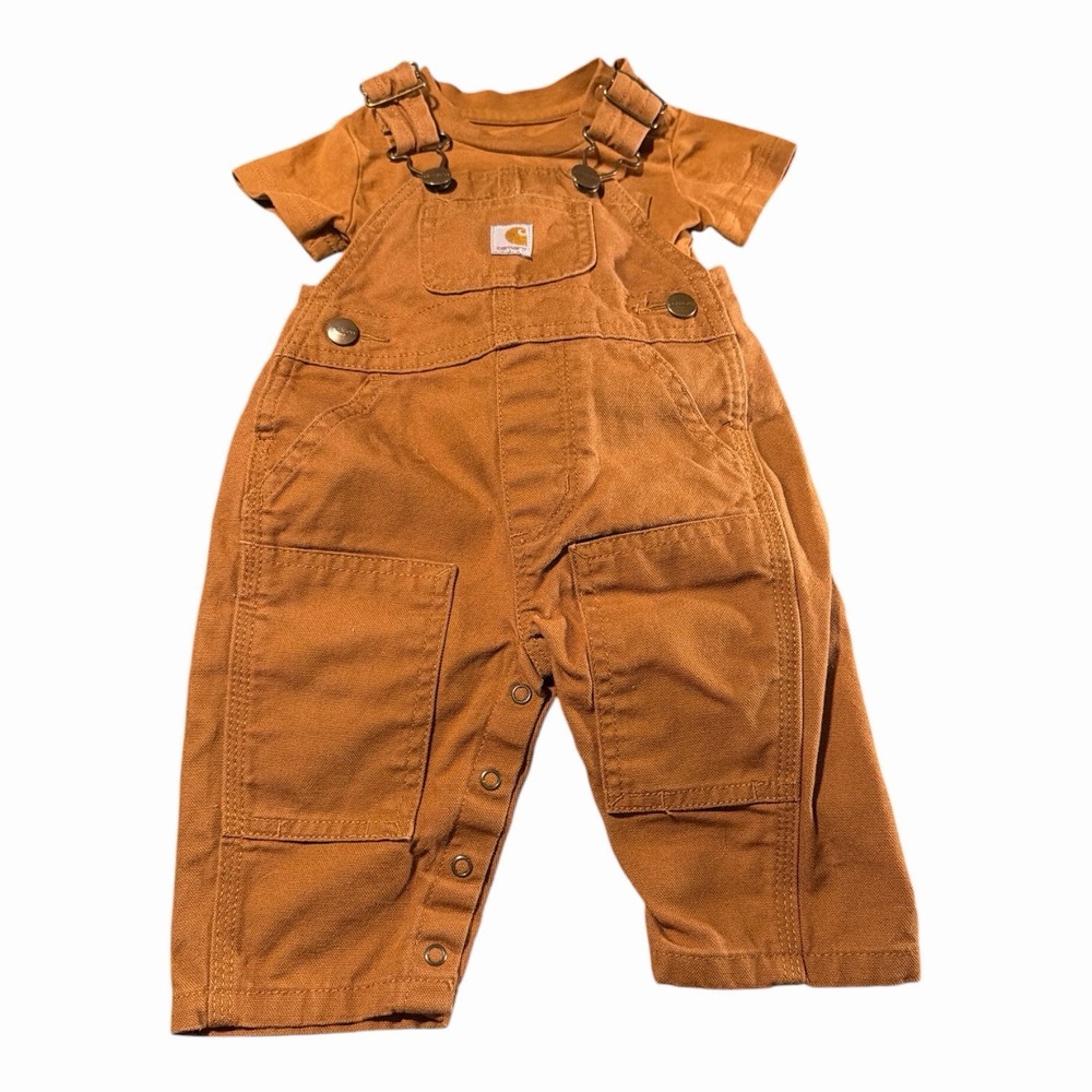 Carhartt Baby 3M Brown Bib Overalls & Pocket Bodysuit Outfit Set Cotton 2 Piece
